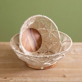 Set of Two Wood and Macrame Bowls