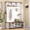 ON-TREND Farmhouse 4-in-1 Hall Tree with 6 Hooks, Practical Walnut Entryway Bench with Adjustable Shelves