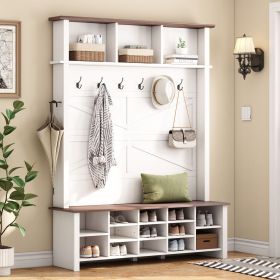 ON-TREND Farmhouse 4-in-1 Hall Tree with 6 Hooks, Practical Walnut Entryway Bench with Adjustable Shelves