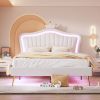 Queen Size Upholstered Bed Frame with LED Lights ,Modern Upholstered Princess Bed With Crown Headboard, White