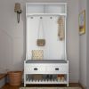 3-in-1 Hallway Hall Tree with 2 Storage Drawer and 4 Coat Rack, Wooden Entryway Shoe Rack Bench with Padded Seat Cushion