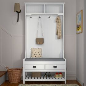 3-in-1 Hallway Hall Tree with 2 Storage Drawer and 4 Coat Rack, Wooden Entryway Shoe Rack Bench with Padded Seat Cushion