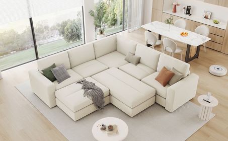 121.3" Sectional Couch Sofa Bed Modular Sofa with Two Movable Ottomans for Living Room Beige