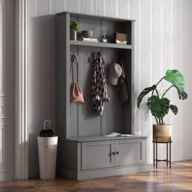 Storage Cabinet Hall Tree Entryway Bench with Coat Rack, Gray-AS