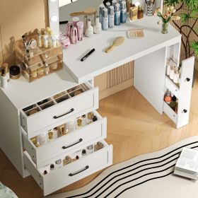 55.2" Vanity Desk with Freely Adjustable Side Cabinet, Makeup Vanity with Hollywood Lights, 5 Storage Drawers & 2-shelves, Modern Dressing Table