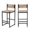 Kitchen Bar Stools with Footrest Set of 2 Paper Rope Weave Dining Chairs Counter Height Barstool (Style B Black & Honey)