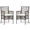 2 Pieces PE Wicker Patio Bistro Dining Chairs with Acacia Wood Armrests and Cushions