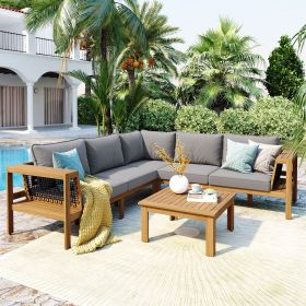 GO 4 Pieces Outdoor Acacia Wood Sofa Set, Woven Mesh Armrests, L-Shaped Patio Furniture Sofa Set with Coffee Table (Color: as Pic)