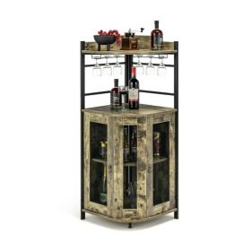 Industrial Corner Bar Cabinet with Glass Holder and Adjustable Shelf (Color: Rustic Brown)