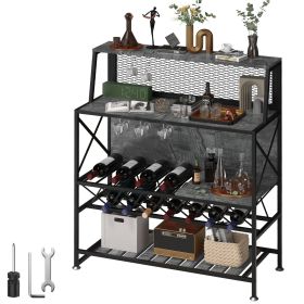 VEVOR Wine Rack Home Bar Table, Industrial Liquor Storage Cabinets with Glass Holder (Color: Gray)