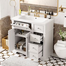 36'' Bathroom Vanity with Resin Sink Combo, Solid Wood Frame Bathroom Storage Cabinet, Freestanding Vanity Set with 3 Drawers& Adjustable Shelf (Material: Solid Wood+MDF+Resin, Color: White)