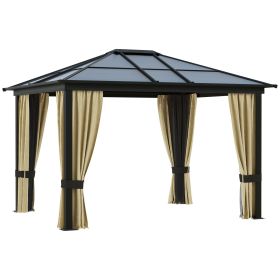 10' x 12' Hardtop Gazebo Canopy with Polycarbonate Roof, Aluminum Frame, Permanent Pavilion Outdoor Gazebo with Netting and Curtains for Patio, Garden (Color: as Pic)