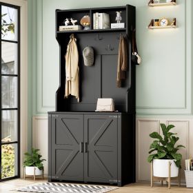 ON-TREND Farmhouse 4-in-1 Hall Tree with Barn Doors, Movable Bench with 7 Hanging Hooks and Shoe Storage Cabinet (Color: as Pic)