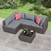 5 Pieces Outdoor Patio Furniture Set, Wicker Patio Conversation Sectional Sofa Set, All Weather PE Rattan Sofa with Glass Table and Cushions