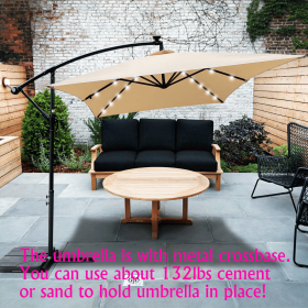 Rectangle 2x3M Outdoor Patio Umbrella Solar Powered LED Lighted Sun Shade Market Waterproof 6 Ribs Umbrella with Crank and Cross Base for Garden Deck (Main Color: Tan, Main Material: Fabric+Metal)