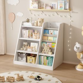Wooden Toy Storage Organizer Cabinet Kids Bookshelf Children Bookcase Toddler Baby Sling Book Rack Adjustable Shelf (Material: MDF, Color: White)