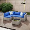 5 Pieces Outdoor Patio Furniture Set, Wicker Patio Conversation Sectional Sofa Set, All Weather PE Rattan Sofa with Glass Table and Cushions