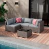 5 Pieces Outdoor Patio Furniture Set, Wicker Patio Conversation Sectional Sofa Set, All Weather PE Rattan Sofa with Glass Table and Cushions