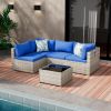 5 Pieces Outdoor Patio Furniture Set, Wicker Patio Conversation Sectional Sofa Set, All Weather PE Rattan Sofa with Glass Table and Cushions