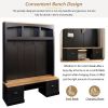 ON-TREND Farmhouse 4-in-1 Hall Tree with Wood Grain Bench and Top, Multifunctional Coat Rack with Black Hooks and Shell Handles