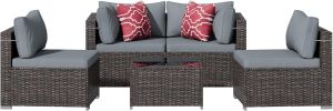 5 Pieces Outdoor Patio Furniture Set, Wicker Patio Conversation Sectional Sofa Set, All Weather PE Rattan Sofa with Glass Table and Cushions
